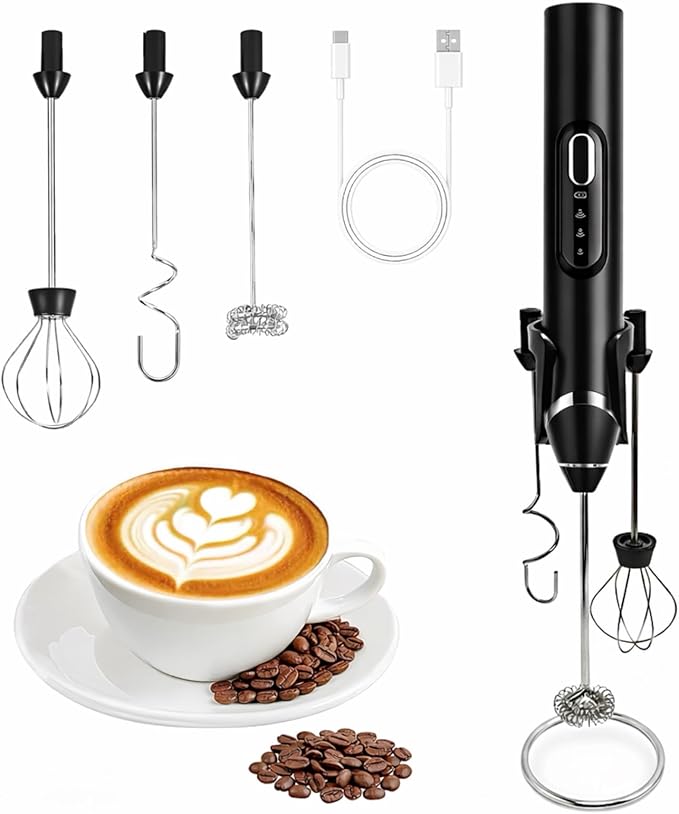 Milk Frother Handheld with Stand,Rechargeable Coffee Frother Wand with 3 Detachable Stainless Steel Whisk Heads, Hand Electric Mixer for Latte, Cappuccino,Matcha,Protein（Black）