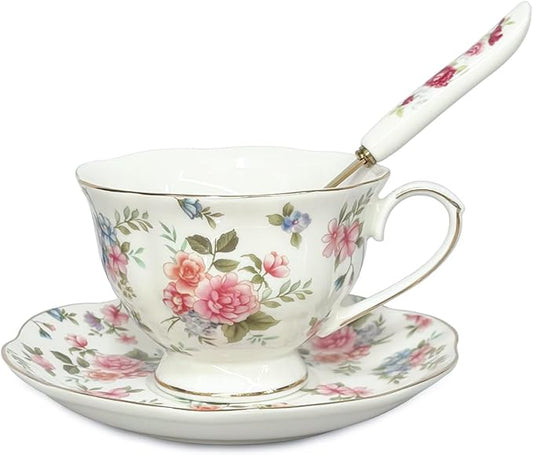 Noviko 6 oz Floral Tea Cups and Saucers Flower Ceramic cup for Women and Tea Parties