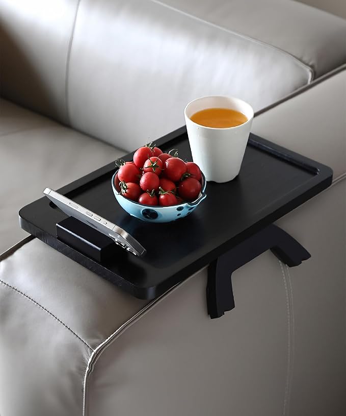 BAMBOO LAND- Couch Arm Tray, Wooden Folding Couch Armrest Table, Black, Rectangular Clip-On Sofa Arm Tray with 360° Rotating Phone Holder