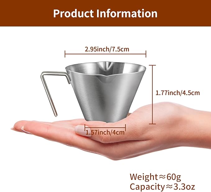 10Pcs Stainless Steel Espresso Cups, Double Spout Metal Espresso Measuring Cup with Handle, Dual Scale Espresso Shot Cup with V-Shaped Mouth, 3.4oz/100ml (Silver)