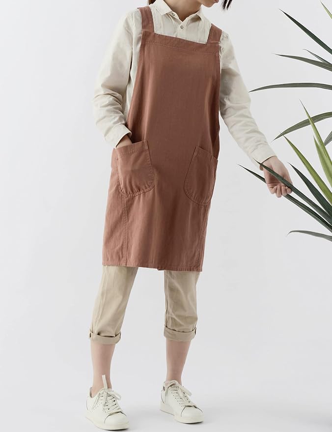 Japanese Cotton Linen Cross Back Apron with Pockets,Fashion Pinafore Dress for Gardening Painting Cleaning Cooking - Image 6