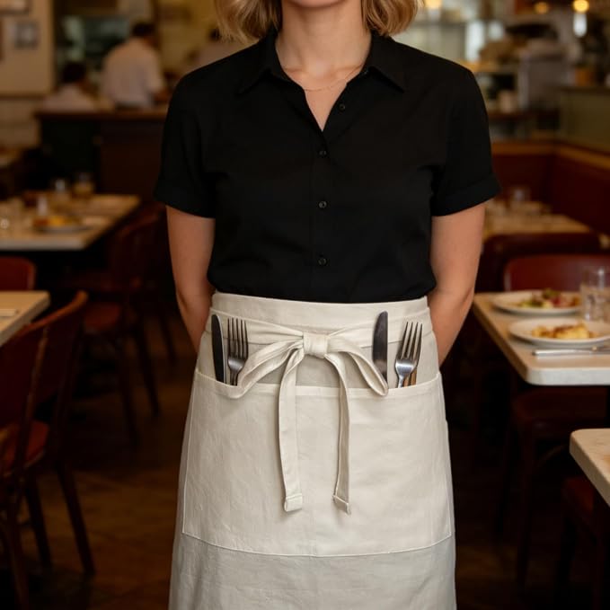 Cityelf Half Apron for Women Men Cotton Linen with 2 Large Pockets Waist Short Bistro Server Aprons Waiter Waitress Unisex - Image 3