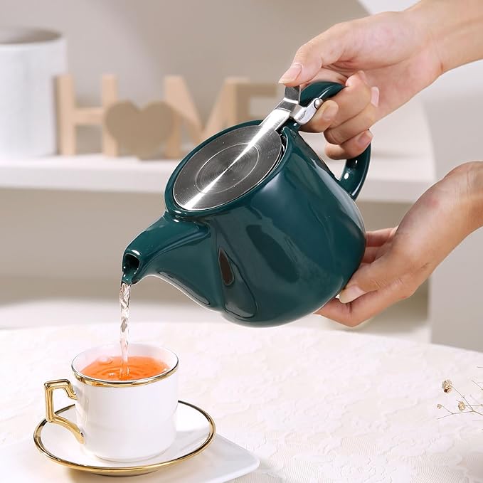 Ceramic Teapot With Stainless Steel Infuser, Heat Resistant, Perfect Tea Maker, Green, 500ml/17oz