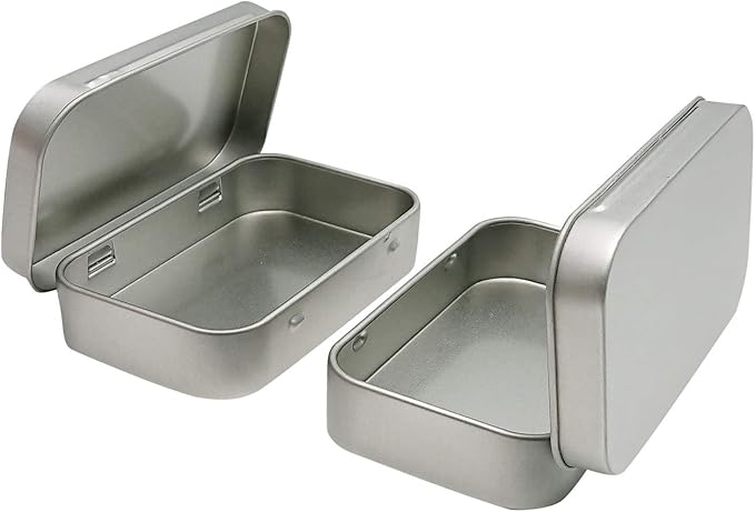 2 Pcs Metal Hinged Tin Box Container Mini Portable Small Storage Container Kit with Lid for Home Storage 3.7x2.3x0.8 inch, Silver