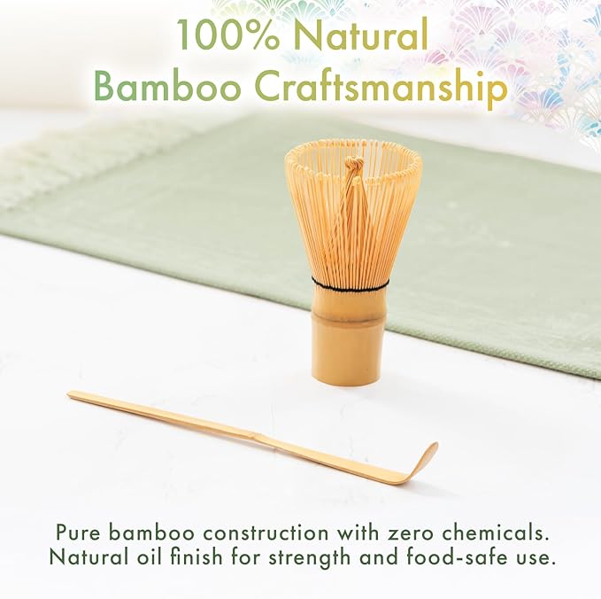 HIBINO Matcha Set | Japanese Matcha Tea Set with Crystal-Glazed Ceramic Spout Bowl | Bamboo Whisk & Holder, Scoop and Stainless Sifter | 5-Piece Matcha Kit |「Crystal Shell Green」