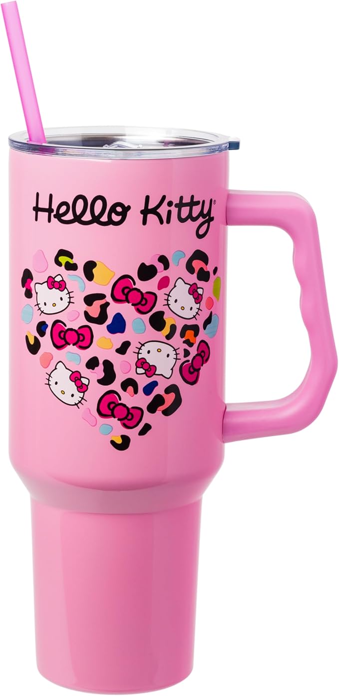 Silver Buffalo Sanrio Hello Kitty Leopard Jungle Cat Print and Bows Heart Double Walled Stainless Steel Tumbler with Handle and Straw, Fits in Standard Cup Holder, 40 Ounces