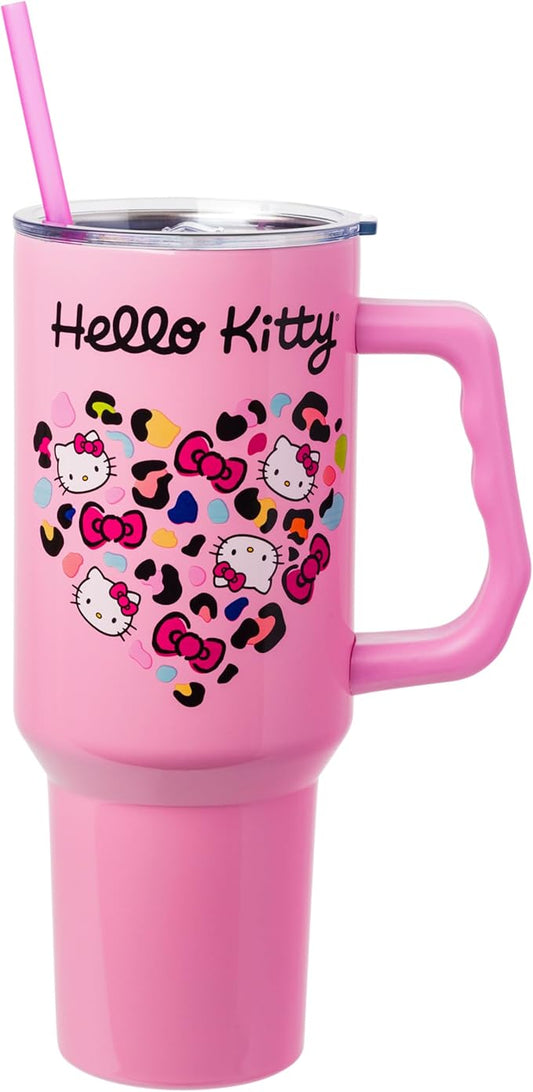 Silver Buffalo Sanrio Hello Kitty Leopard Jungle Cat Print and Bows Heart Double Walled Stainless Steel Tumbler with Handle and Straw, Fits in Standard Cup Holder, 40 Ounces