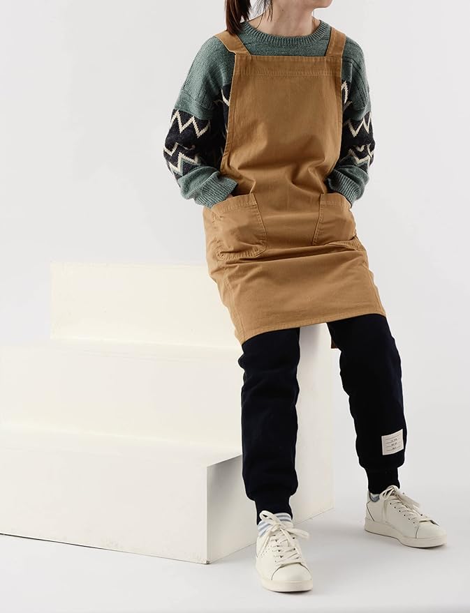 Japanese Cotton Linen Cross Back Apron with Pockets,Fashion Pinafore Dress for Gardening Painting Cleaning Cooking - Image 4