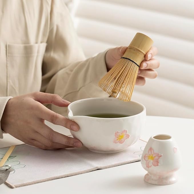 Matcha Tea Set with Sakura Ceramic Bowl, Fine Mesh Strainer and Bamboo Scoop, Japanese Style Matcha Accessories for Home Tea Ceremony.