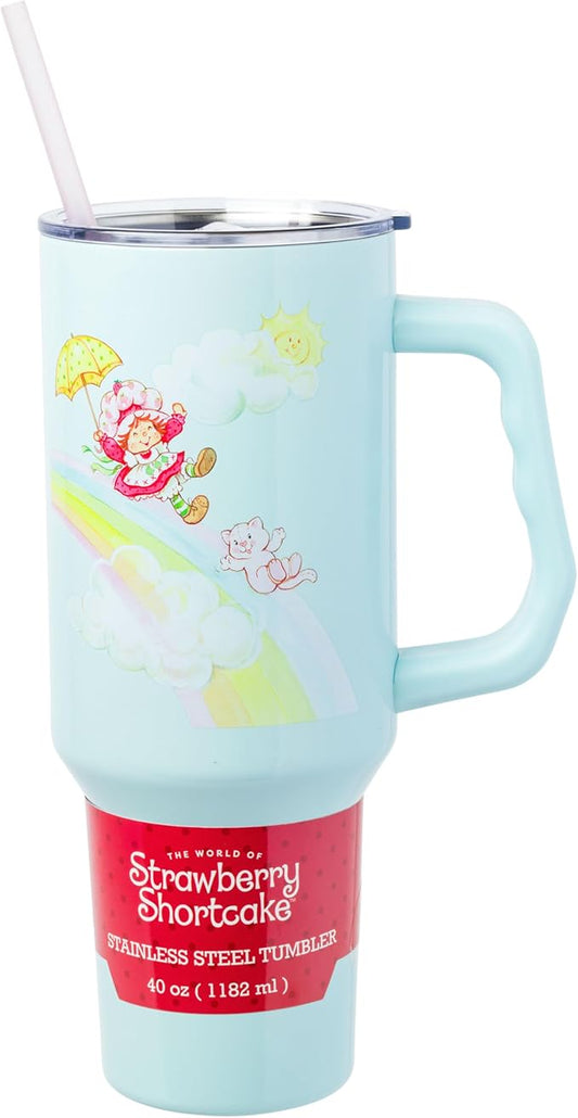 Silver Buffalo Strawberry Shortcake and Custard Double Walled Stainless Steel Tumbler with Handle, Fits in Standard Cup Holder, 40 Ounces