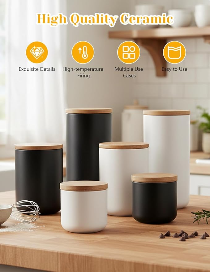YYW Ceramic Food Storage Containers with Lids, Kitchen Canisters for Countertop, Black Food Containers Jar for Flour, Coffee Bean, Sugar, Tea, Spices and More, Home Decor (260ml/8.79oz)