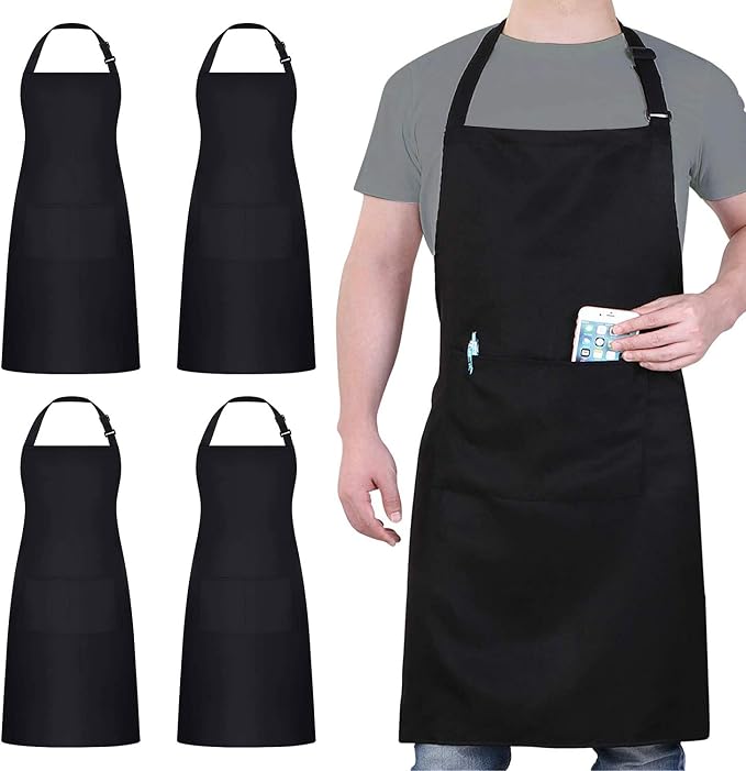 4 Packs Chef Apron, Black Waterproof Apron, Adjustable Aprons with 2 Pockets for Men Women, Professional Aprons for Kitchen Cooking Gardening Painting Baking Restaurant (Black) by loteaf