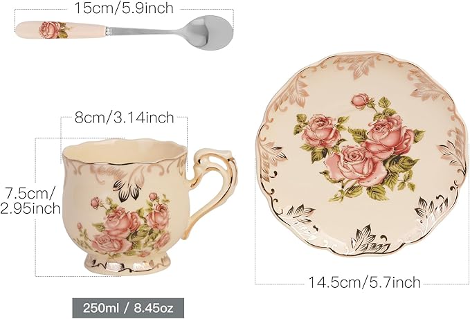 YOLIFE Tea Cup and Saucer Set, 8 oz Tea Cup Set, Teacup, Ceramic Tea Cup with Suacer Spoon, Ivory Vintage Rose Floral with Gold Leaves Trim, Gifts for Women