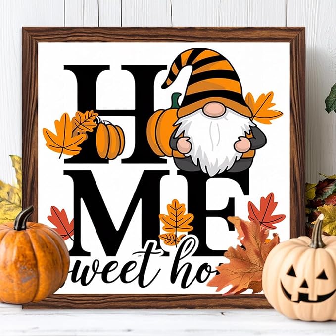 Rustic Home Sweet Home Wooden Sign, With Frame Farmhouse Fall Gnome Plaque Sign for Home Kitchen, Cafe, Bar, Garage Halloween Decor, Harvest Festival Decor 7.87x7.87 Inch - Image 3