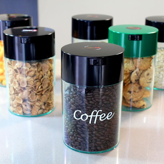 Coffeevac 1LB – Patented Airtight Container | Multi-use Vacuum Container Works as Smell Proof Containers for Ground Coffee and Coffee Bean Containers. Green Cap and Clear Body