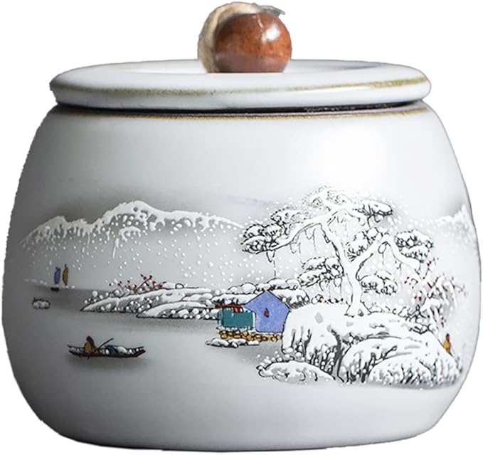 Chinese Style Ceramic Tea Caddy Tea Canister Tea Storage Container Tins Jar with Airtight Lid Wet-proof Tank for Tea, Coffee, Herb, Sugar, Spice, Nuts-Snow-6 OZ
