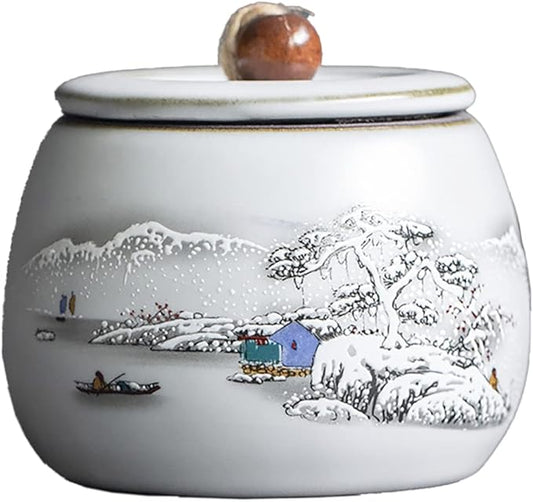 Chinese Style Ceramic Tea Caddy Tea Canister Tea Storage Container Tins Jar with Airtight Lid Wet-proof Tank for Tea, Coffee, Herb, Sugar, Spice, Nuts-Snow-6 OZ