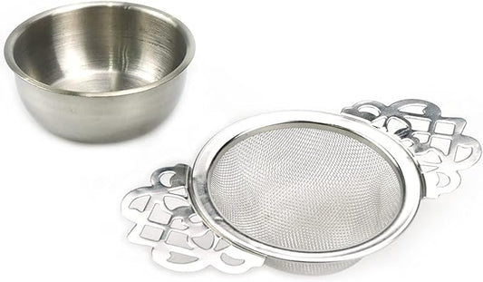 1 Set Silver Stainless Steel Tea Strainer with Drip Bowl, Mesh Loose Leaf Tea Infuser with Double Winged Handle