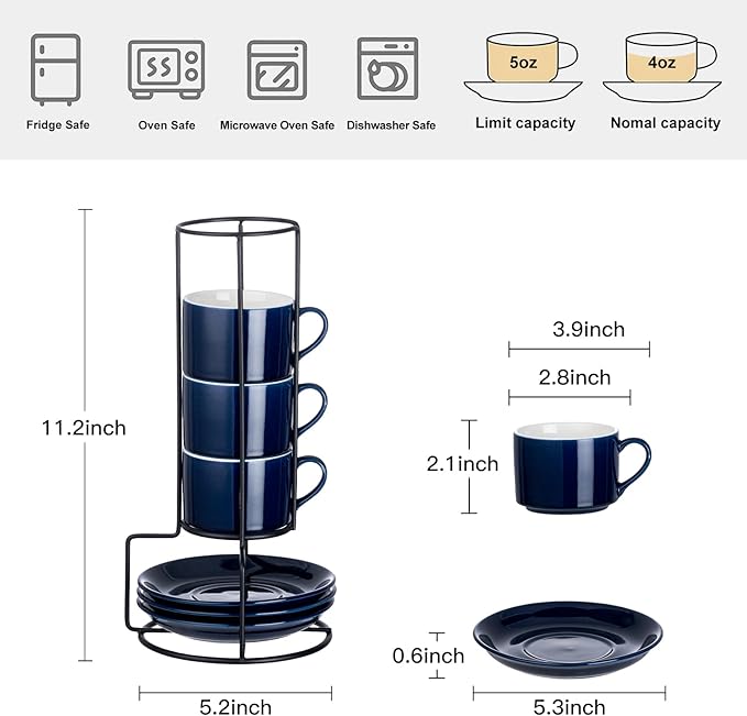 4oz Porcelain Stackable Espresso Cups with Saucers and Metal Stand Set of 4, Stackable Espresso Cups Set of 4, Blue Expresso Shots Cup Set for Coffee Drinks, Cappuccino Latte, Americano, Tea