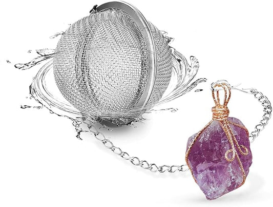 Taygate Tea Strainers for Loose Tea Fine Mesh Tea Ball Full Wire Wrap Raw Stone Pendant Natural Healing Chakra Crystals Gifts for Women (Amethyst)