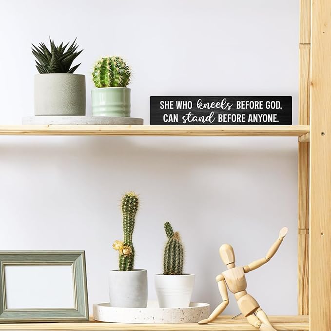 AGMDESIGN She Who Kneels Before God Can Stand Before Anyone Christian Wood Sign, Faith-Based Wall Decor for Shelf Door Desk, Bible Verse Wood Hanging Plaque for Prayer Room Bedroom Home Office Church - Image 4