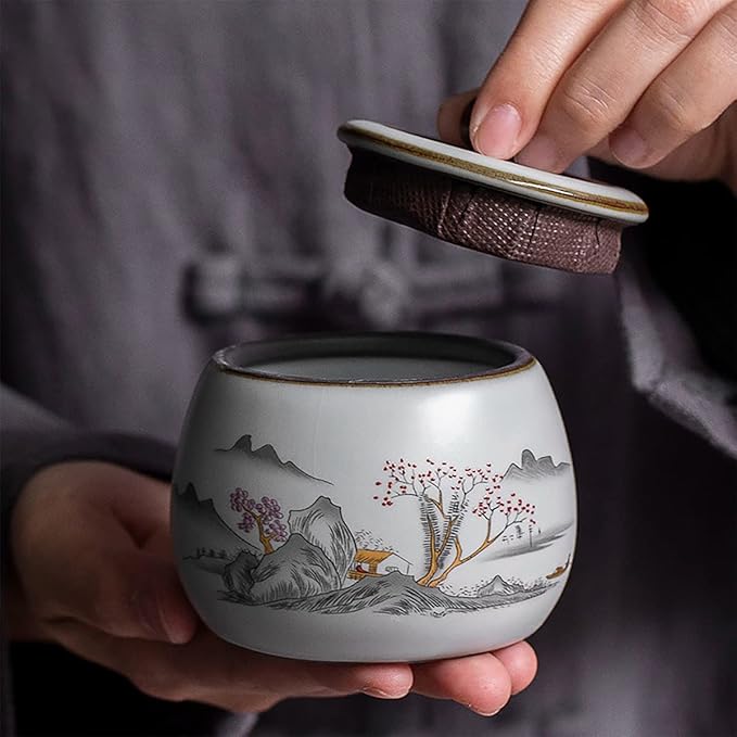 Chinese Style Ceramic Tea Caddy Tea Canister Tea Storage Container Tins Jar with Airtight Lid Wet-proof Tank for Tea, Coffee, Herb, Sugar, Spice, Nuts-Mountain-6 OZ