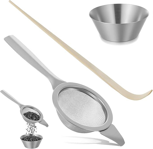2.2" Mini Matcha Sifter Set, 30 Fine Mesh Matcha Strainer with Handle and Base, Stainless Steel Small Tea Strainer for Loose Tea Coffee Cocktail(Sliver)