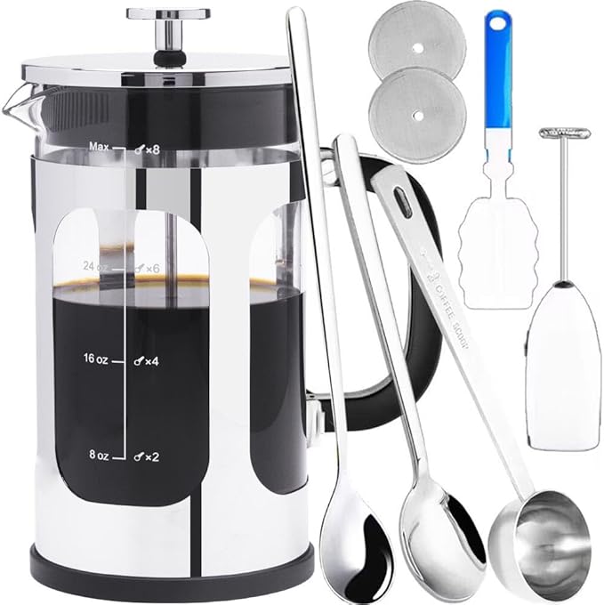 French Press Coffee Maker 8 cups 34 oz 304 Stainless Steel Coffee Press with 4 Filter Screens, Easy Clean Heat Resistant Borosilicate Glass - Free 100% BPA… (Silvery-BO90893-SS, 34 oz)