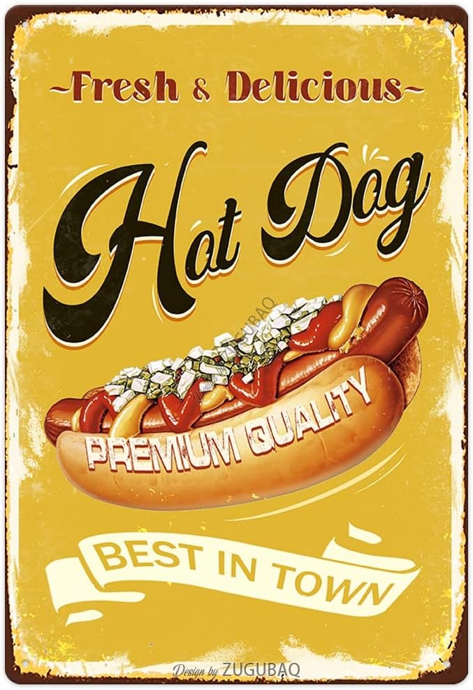 Hot Dog Tin Signs Vintage Metal Sign Funny Food Art Printing Poster Wall Decor for Home Kitchen Bar Restaurant Cafe Pub Indoor Outdoor 12x8 Inch Hanging Plaque by ZUGUBAQ