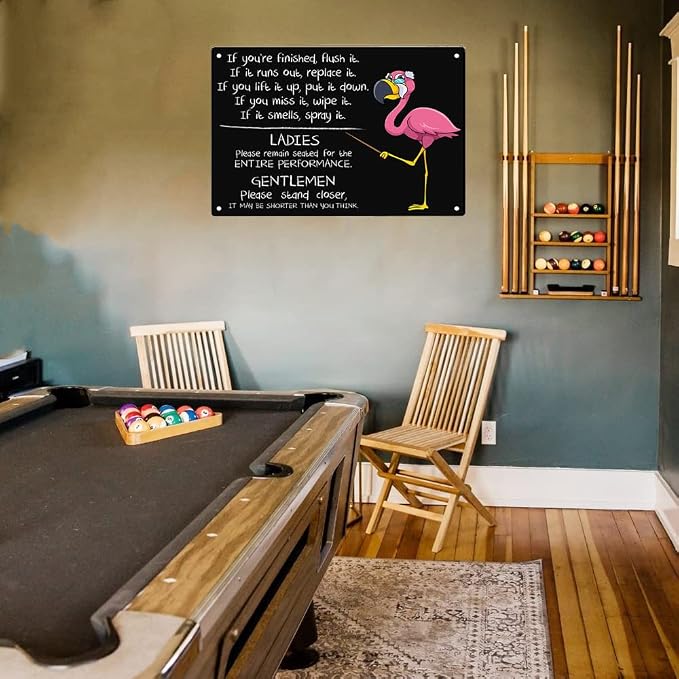 ERMUHEY Pink Flamingo Bathroom Rules Sign Metal Tin Signs, Bathroom Rules Poster for Home Office Bedroom Cafes Bars Pub Man Cave Wall Decor Poster Sign 12x8 Inch - Image 3