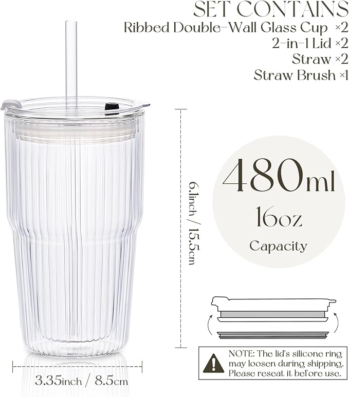 KEMORELA 16oz Ribbed Glass tumbler with Lids and Straws 2pcs,Double Wall Iced Coffee Cups with Lids,Coffee Bar Accessories, Insulated Borosilicate Glass Tumblers, To Go Coffee Cups, Spill proof
