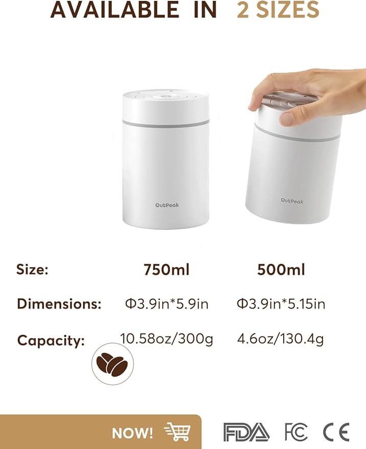 OUTPEAK Neo 2026 Auto Vacuum Coffee Canister, 0.75L Capacity for 10.58oz of Coffee Beans, One-Button Operation, Stainless Steel Coffee Storage Container with Scoop White (Champion's Choice)