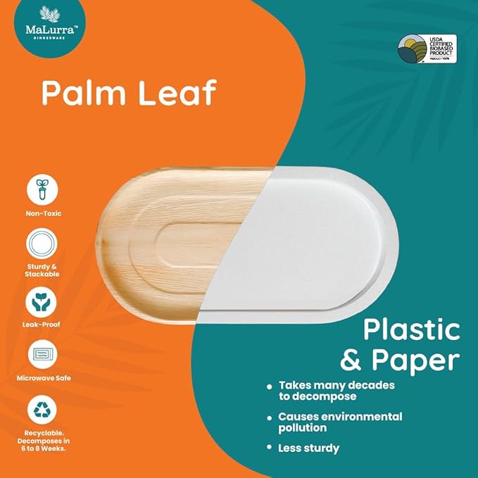 22"x12" Oval Tray - 50 PCs Disposable Serving Palm Platters Like Bamboo Charcuterie Tray | Biodegradable | Disposable | Eco-Friendly, Heavy Duty, Bulk | For Parties, Weddings, BBQs & Catering