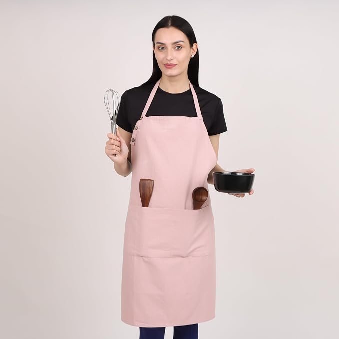 Kitchen Apron 2 Pack Waterdrop Resistant Cotton Apron for with adjustable Aprons for Women with Pockets 9 Color option Cooking Powder Pink Apron (BLUSH PINK) - Image 4