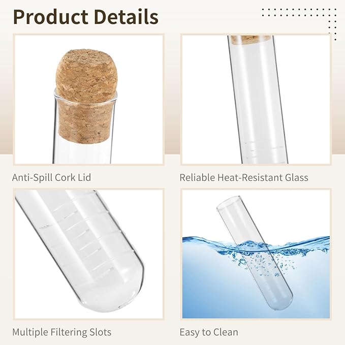 6 Pcs Glass Tea Infusers for Loose Tea, Transparent Glass Loose Leaf Tea Steeper,Reusable Loose Long Leaf Tea Infuser, Tea Organizer Set, Stylish Cork Lid Design with Measuring Marks