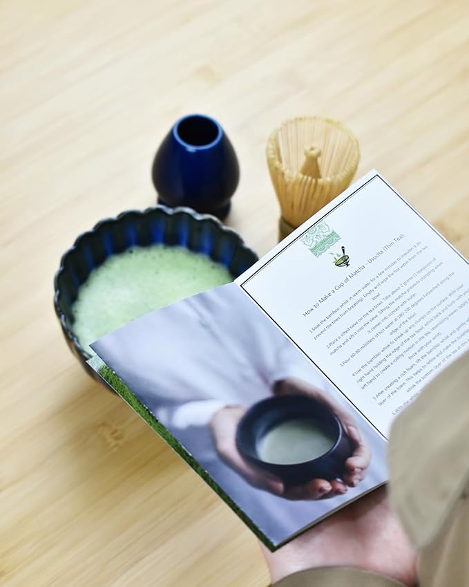 Artcome Matcha Tea Set - 17oz Petal-Shaped Matcha Bowl, Bamboo Whisk, Scoop, Whisk Holder & Brewing Guide - Japanese Tea Ceremony Tools for a Perfect Matcha Experience, Dark Blue