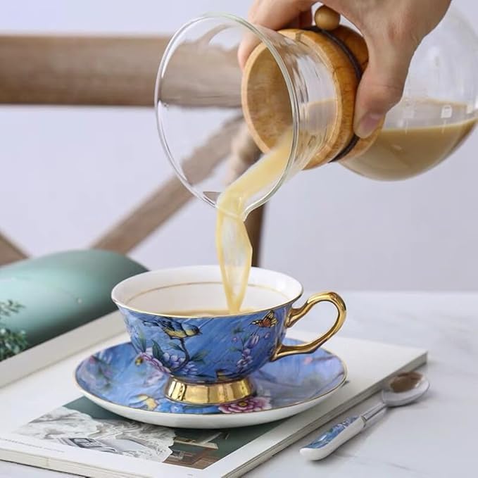 YBK Tech Euro Style Cup& Saucer Set Art Bone China Ceramic Tea Coffee Cup for Breakfast Home Kitchen- Birds and Trees Patterns (Blue Purple)
