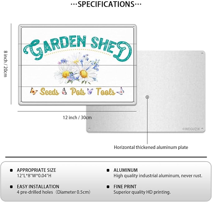 Garden Shed Sign Retro White Wood Grain Art Print Poster Wall Decor Vintage Garden Metal Signs Outdoor Home Bar Kitchen Cafe Farmhouse 12x8 Inch Aluminium Hanging Plaque - Image 2