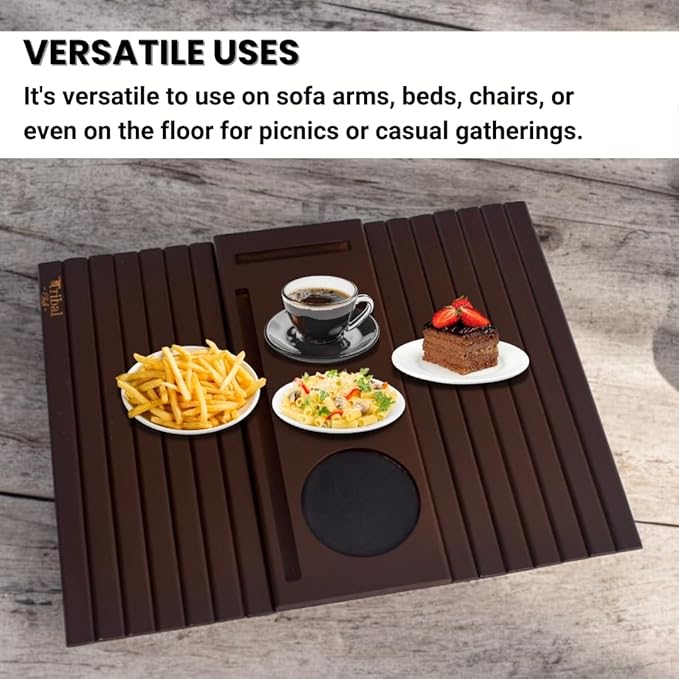 Bamboo Sofa Arm Tray, Couch Arm Table Caddy for Snacks, Drinks, Remote, Cups, Flexible & Foldable (Brown)
