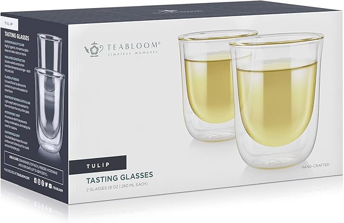 Teabloom Tulip Insulated Glasses for Tea, Coffee and other Beverages - Double Walled Heatproof Glass Maintains Drinks Hot/Cold, 8 oz (Set of Two)
