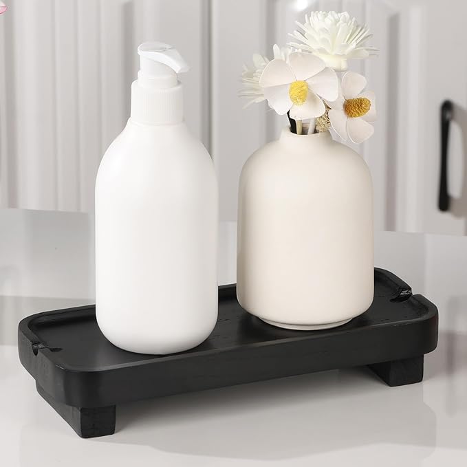 Wood Riser Small Decorative Tray Sink Soap Dish, Vanity Tray Pedestal Stand 8.7 x 3.6 inches (Black)