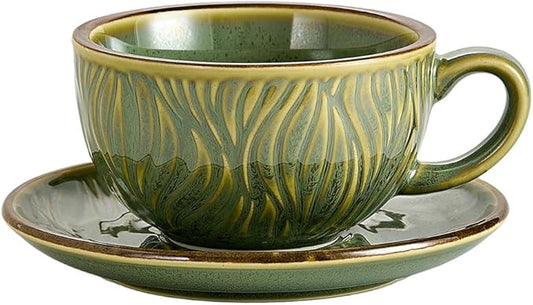 Vintage Design 12 oz Ceramic Latte Art Cappuccino Barista Cup with Saucer (Wave Green)