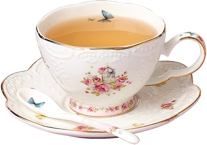 Jusalpha® Vintage Porcelain Flower Series Tea Sets, Tea Cup Saucer Set with Teapot Warmer- Filter and Spoon, 16pcs in 1 set (16pcs set)