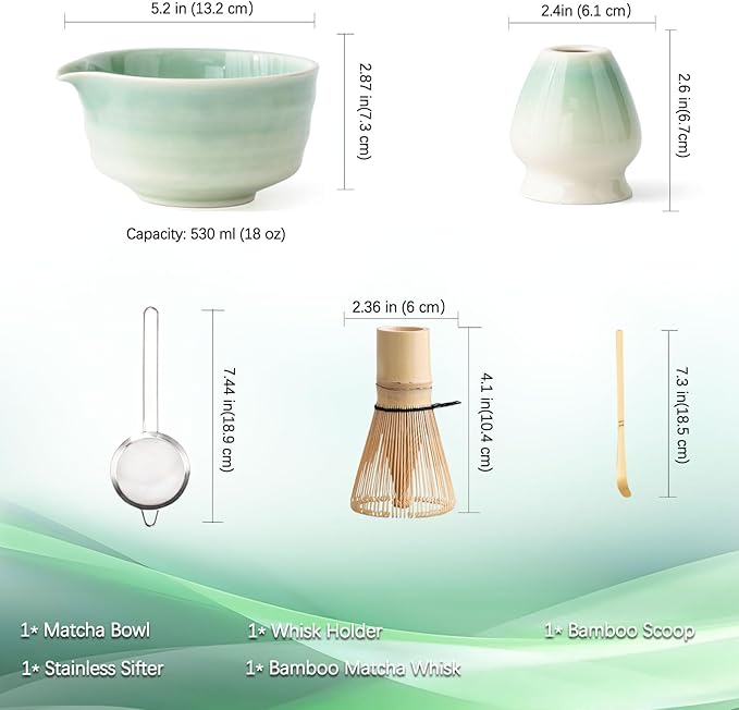 Japanese Matcha Set, Matcha Bowl with Spout, Matcha Whisk and Holder, Bamboo Matcha Scoop and Stainless Steel Sifter - 5 Pcs Gradient Green Matcha Kit for Matcha Lover