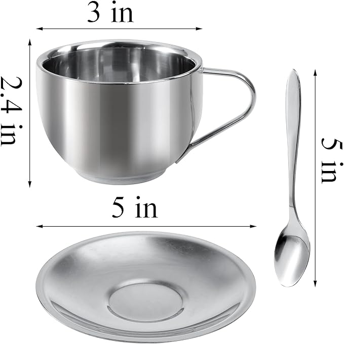 Okllen 4 Pack Stainless Steel Coffee Cup Set, 6 Oz Coffee Mugs with Spoon and Saucer, Double Walled Espresso Cups Mugs for Coffee, Latte,Tea, Milk