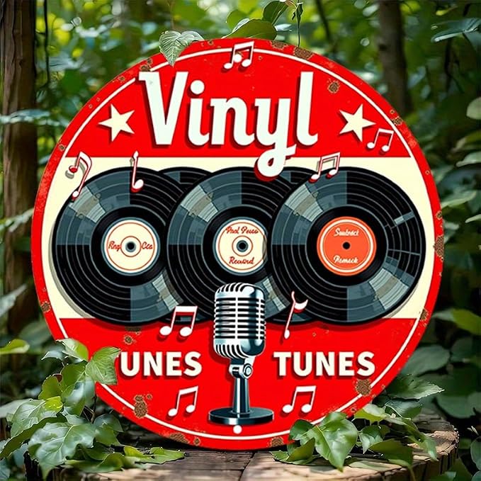 1pc Vintage Aluminum Metal Sign - Vinyl Tunes Round Wall Art - Classic Records & Retro Microphone Design - Ideal for Bar, Cafe, Music Room Decor - 7.8" Diameter - Image 2
