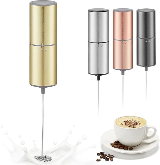 Battery Operated Coffee Frother by ELMWAY, Stainless Steel Electric Whisk, Mini Milk Frother Handled for Coffee, Latte, Matcha and Protein Powder (Gold without Stand)