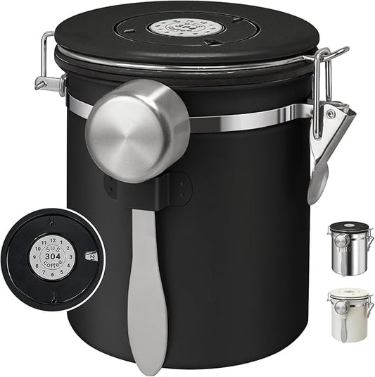 1.5L Airtight Vacuum Coffee Canister, Stainless Steel Storage Container for Coffee Beans and Grounds with Scoop.Suitable for coffee powder, coffee beans, rice, tea leaves, sugar, flour, and grains
