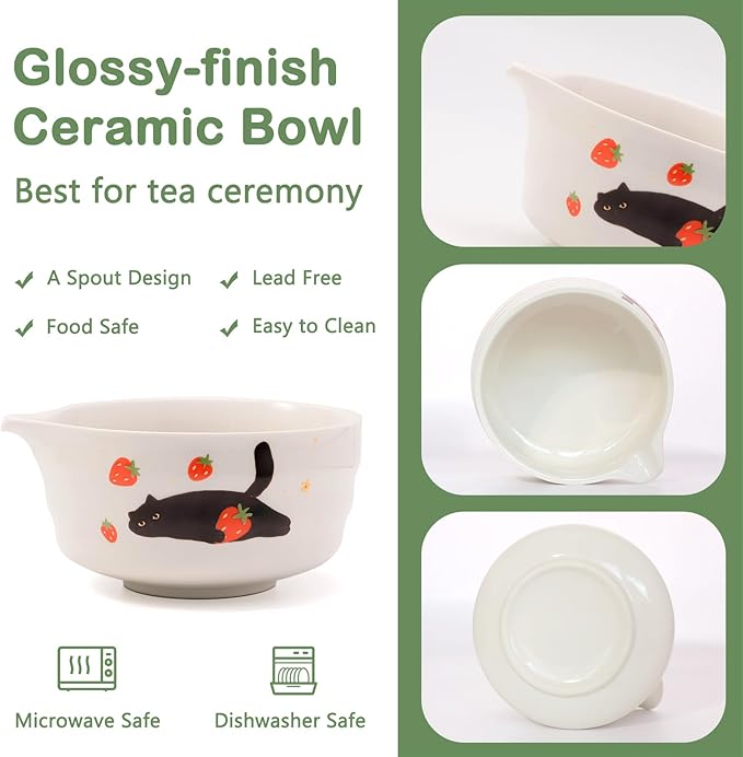 Matcha Whisk Set, 5 Pcs Traditional Japanese Matcha Whisk Preparation Kit, White Glossy Ceramic Bowl with Black Cat and Strawberry Pattern