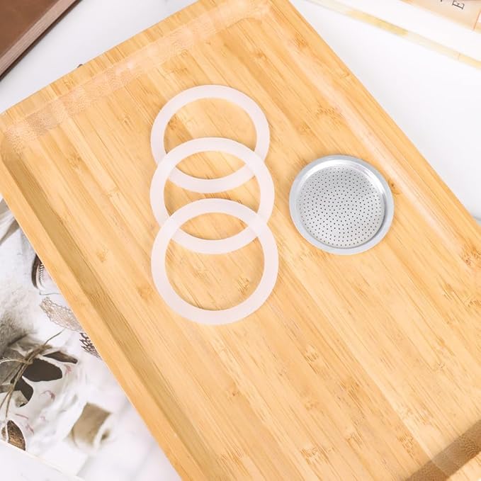 1 Filter and 3 Silicone Gasket Seals Replacement for Aluminium Moka Pot and Stovetop Espresso Coffee Maker (3 Cup)